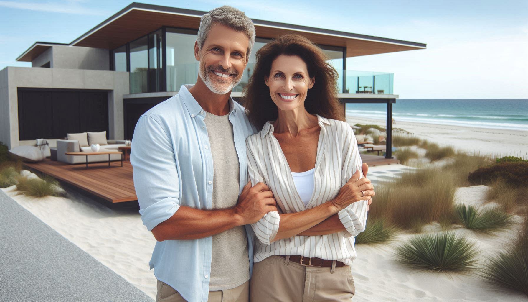 Happy middle aged couple in front of their new, modern beach house